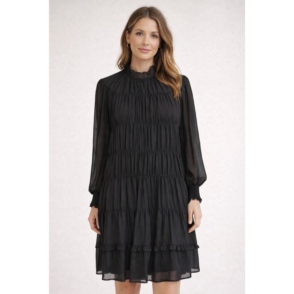 Vero Moda Dalia Long Sleeve Smocked High Collar Dress in Black Size XL